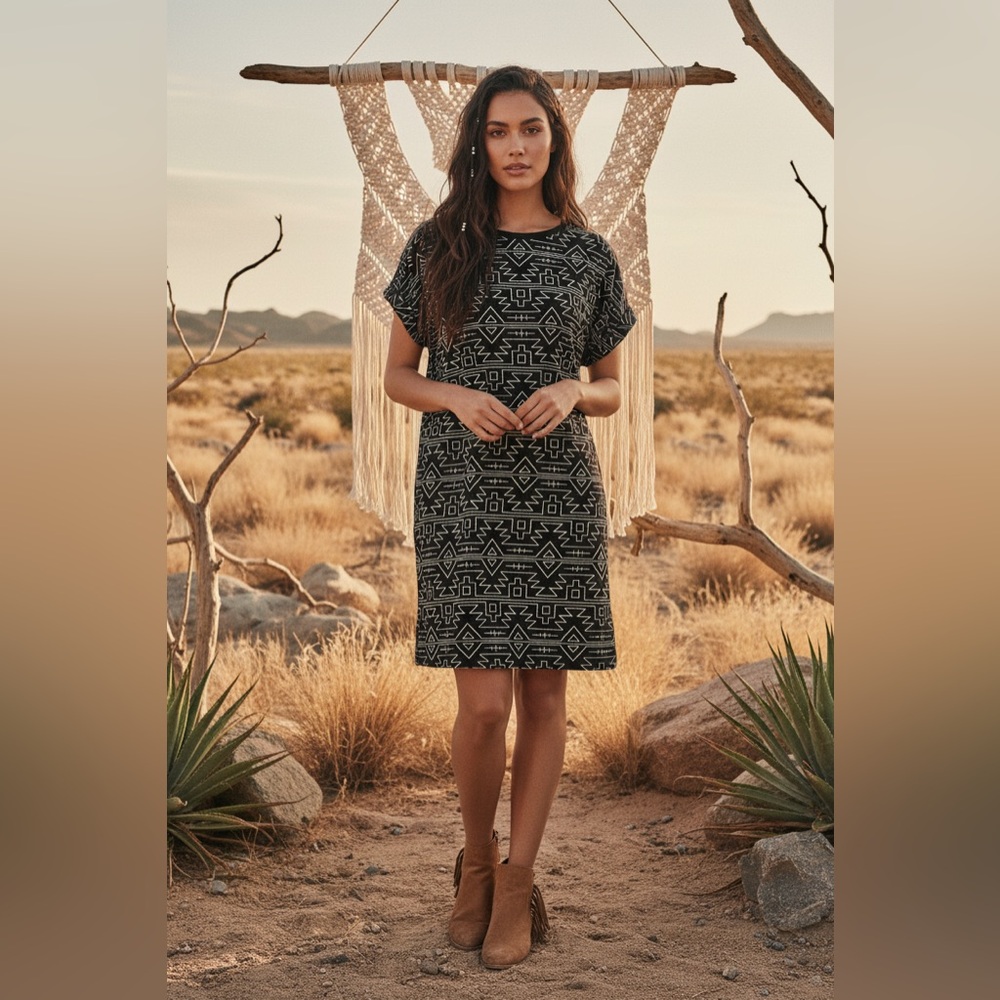 LuLaRoe Chelsea T Shirt Dress • Crêpe Moss Fabric • Black and White Aztec Print